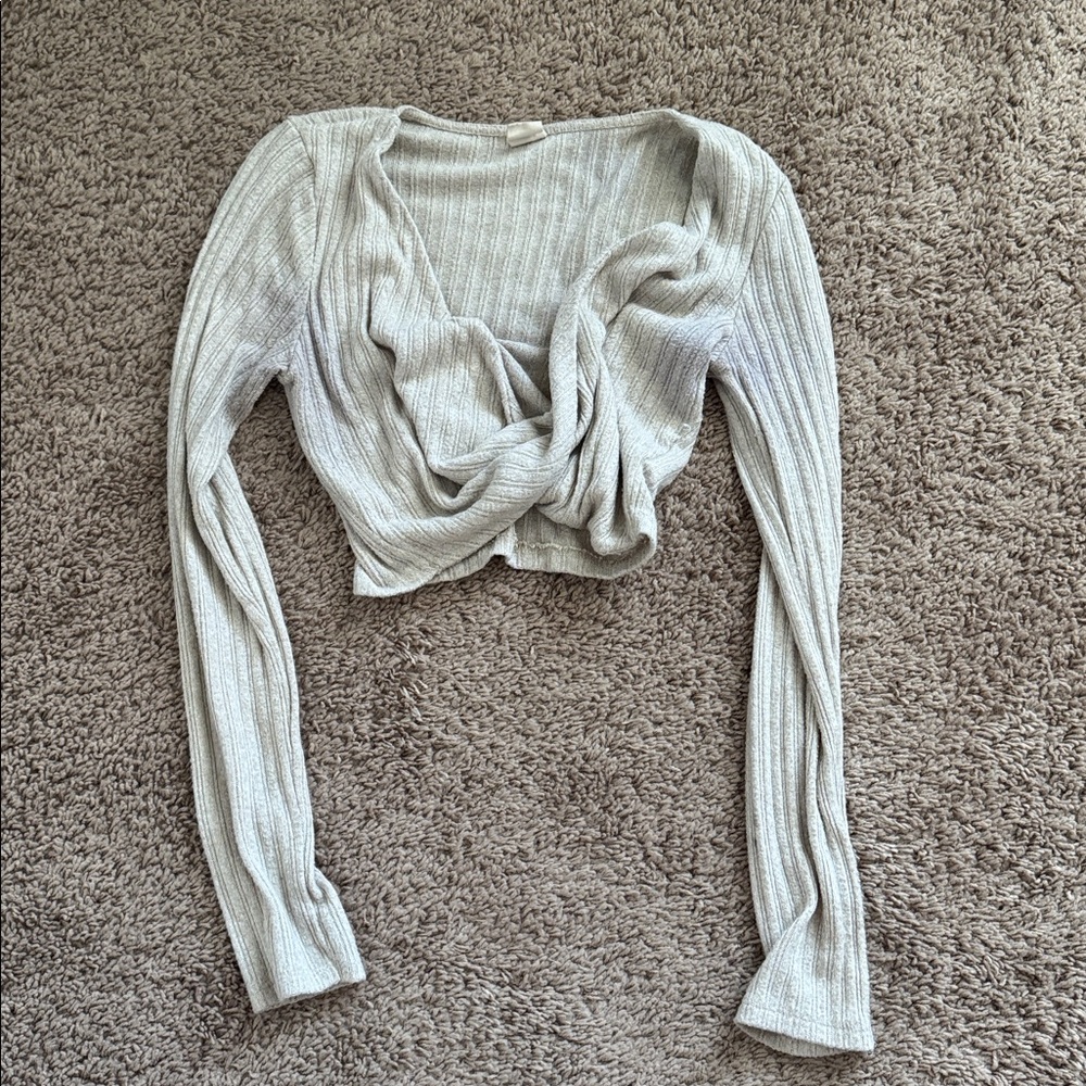 Beige Ribbed Long Sleeve Crop Top